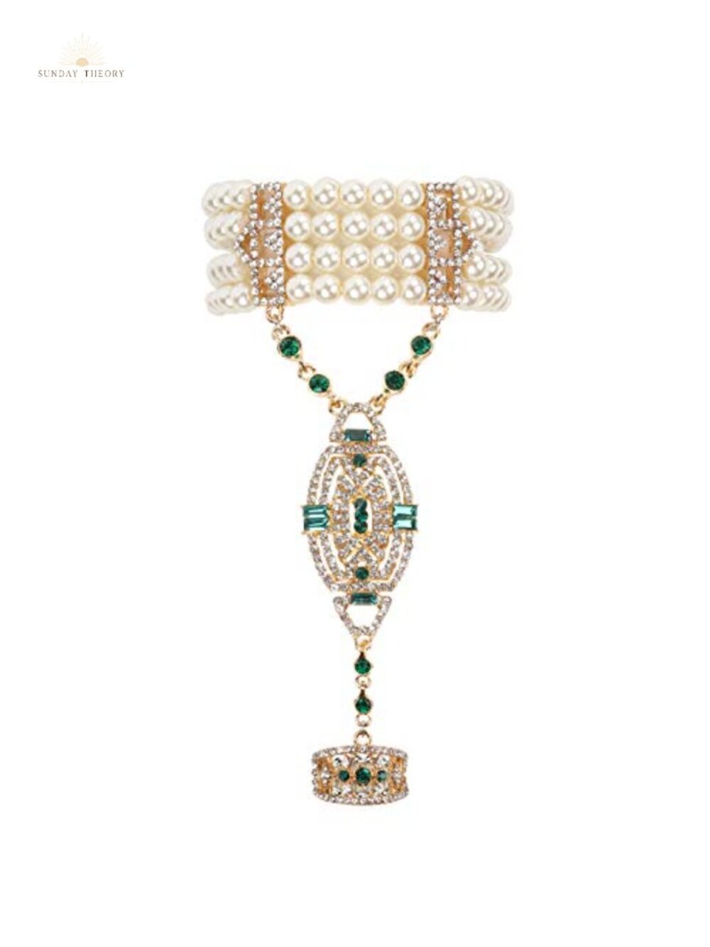 1920s Flapper Bracelet Ring Set Art Deco Imitation Pearl Crystal Gatsby Jewelry